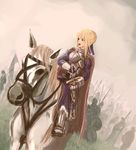  armor army artoria_pendragon_(all) blonde_hair blue_eyes caliburn cape fate/stay_night fate_(series) gauntlets greaves horse horseback_riding king koromoya_kai long_sleeves polearm ready_to_draw ribbon riding saber sheath sheathed sitting soldier solo spear sword war weapon 
