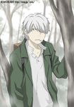  cigarette forest ginko hair_over_one_eye jacket long_sleeves lowres male_focus midori_(searchlight) mouth_hold mushishi nature solo tree 