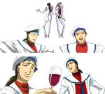  alcohol artist_request beret brown_hair facial_hair gunxsword hat kaiji_(gunxsword) male_focus multiple_views mustache sailor transparent_background wine 