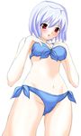  bikini blue_hair blush breast_suppress breasts cleavage front-tie_top kotonomiya_yuki medium_breasts navel red_eyes short_hair side-tie_bikini solo suigetsu swimsuit watakinu 