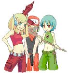  2girls :d artist_request baseball_cap belt blue_hair blush cowboy_shot curly_brace doukutsu_monogatari hat headgear holding holding_weapon looking_at_viewer misery multiple_girls navel oekaki open_mouth outline pants pocket quote red_eyes short_hair smile staff standing tank_top transparent_background v-shaped_eyebrows wand weapon white_outline 