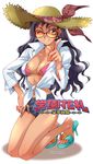  bikini black_hair dark_skin denim denim_shorts gakuen_hanafuda_gouka_kenran hat high_heels ishioka_natsuki kerorin kneeling long_hair long_sleeves one_eye_closed open_clothes open_shirt pointing shirt shoes short_shorts shorts solo straw_hat sun_hat sunglasses swimsuit tied_shirt 