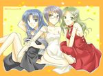  603_(lolipop) asakura_ryouko between_legs blue_eyes blue_hair brown_eyes choker dress glasses green_eyes green_hair hair_ornament hairclip halterneck hand_between_legs kimidori_emiri knees_up looking_at_viewer multiple_girls nagato_yuki short_hair sitting star strapless strapless_dress suzumiya_haruhi_no_yuuutsu wariza 