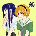  ^_^ annoyed blonde_hair blue_hair blush closed_eyes douke_(clownchamber) furude_rika hairband higurashi_no_naku_koro_ni houjou_satoko laughing long_hair lowres multiple_girls neck_ribbon profile puffy_sleeves red_eyes ribbon school_uniform serafuku short_hair short_sleeves skirt smile v_arms very_long_hair wavy_mouth 