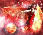  aojiru_(shiro_to_kuro_no_mukyou) bangs bow fiery_wings fujiwara_no_mokou full_moon hair_bow hair_ribbon long_sleeves looking_at_viewer moon non-web_source pants ribbon shirt solo suspenders touhou wings 