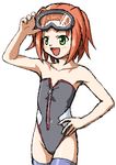  bare_shoulders blush casual_one-piece_swimsuit commentary_request cowboy_shot diving_mask flat_chest green_eyes hand_on_hip irina_woods my-otome nekopuchi oekaki one-piece_swimsuit orange_hair short_hair smile solo swimsuit thighhighs zipper 
