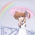  aiai backpack bag brown_hair ferret hair_ribbon holding holding_umbrella long_sleeves lyrical_nanoha mahou_shoujo_lyrical_nanoha purple_eyes rainbow ribbon school_uniform seishou_elementary_school_uniform solo takamachi_nanoha twintails umbrella yuuno_scrya 