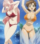  armpits arms_up beach bikini blush breasts brown_eyes brown_hair cameltoe cleavage closed_eyes covered_nipples day girls_bravo happy highres kojima_kirie large_breasts long_hair long_legs lowleg lowleg_bikini miharu_sena_kanaka multiple_girls outdoors pink_hair screencap short_hair splashing swimsuit underboob very_long_hair water 