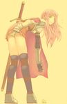  armor artist_request bent_over black_legwear cape covering covering_ass green_eyes kneehighs knight_(ragnarok_online) lace lace-trimmed_panties long_hair panties pantyshot pink_hair ragnarok_online skirt skirt_tug socks solo sword thighhighs underwear weapon white_panties 