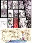  6+girls blood bullying comic covering_head crying death deer faceless flashback forest furude_rika gas_mask higurashi_no_naku_koro_ni houjou_satoko injury kneeling kooji_(macoji) maebara_keiichi multiple_boys multiple_girls nature one_eye_closed pain ryuuguu_rena school_uniform siblings silent_comic sisters smile sonozaki_mion sonozaki_shion squatting tears torn_clothes tree twins walking 