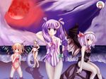  bat_wings beach bikini flandre_scarlet innertube izayoi_sakuya moru_pomu_po multiple_girls patchouli_knowledge remilia_scarlet siblings sisters striped striped_bikini swimsuit touhou vertical-striped_bikini vertical_stripes wings 