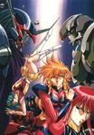  80s blonde_hair bodysuit cape drill_hair everyone glaring gradient gradient_background green_hair hair_ornament hairclip hand_on_shoulder iczer-1 iczer-2 iczer_(series) iczer_robo iczer_sigma kanou_nagisa long_hair mecha miniskirt multiple_girls oldschool oobari_masami pink_bodysuit pointy_ears red_hair shoulder_pads skirt tatakae!!_iczer-1 upside-down 