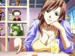  breasts brown_eyes brown_hair chin_rest cleavage cup curtains display drinking_glass elbows_on_table horibe_hiderou huge_breasts interlude lamp long_sleeves marufuji_izumi solo stuffed_animal stuffed_toy window 