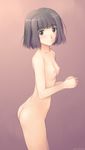  ass black_eyes black_hair blush breasts flat_ass from_side kimi_kiss looking_at_viewer nipples nude purple_background shijou_mitsuki short_hair simple_background small_breasts solo zundarepon 