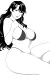  1girl bangs bikini breasts commentary_request curvy large_breasts long_hair looking_at_viewer matoyama monochrome navel original parted_bangs parted_lips sitting solo swimsuit white_background 