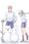  1girl ahoge artoria_pendragon_(all) blonde_hair couple emiya_shirou fate/stay_night fate_(series) hetero long_sleeves lowres ribbon saber snow snowing snowman 