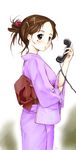  brown_eyes brown_hair copyright_request corded_phone hair_ornament hairclip highres japanese_clothes kimono long_sleeves ooshiro_youkou phone short_hair solo 