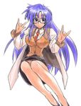  \m/ arms_up blue_eyes blue_hair glasses long_hair long_sleeves looking_at_viewer loose_necktie necktie read_or_die simple_background solo umiushi_(poyopacho) very_long_hair vest white_background yomiko_readman 