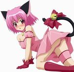  all_fours animal_ears arm_garter bell blush bow cat_ears cat_tail choker garters gloves highres jingle_bell leotard magical_girl mew_ichigo momomiya_ichigo panties pink_choker pink_eyes pink_hair pink_leotard pink_panties red_gloves short_hair solo sugimura_tomokazu tail tail_bell tail_bow tokyo_mew_mew underwear 