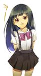  arms_behind_back bow brown_eyes furude_rika gradient_hair higurashi_no_naku_koro_ni long_hair looking_at_viewer multicolored_hair pink_bow solo suspenders terettu 