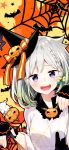  1girl bat bow braid gloves hair_bow half_gloves halloween halloween_costume hat highres lips multicolored_hair open_mouth pumpkin purple_eyes sakuragi_ren short_hair silk silver_hair single_braid smile spider_web teeth uni_channel virtual_youtuber wizard_hat yuni_(chain_chronicle) 