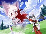  belt bouquet bow cat dagger flower flowers furry grass headband moon outdoors rainbow red_eyes tail_tales tree trees water weapon whiskers yaminabe_aries 