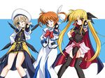  belt black_wings blonde_hair blue_eyes blush bow bowtie brown_hair cape dancing embarrassed fate_testarossa fingerless_gloves gloves hair_ornament hair_ribbon hat jacket jinki kirisawa_tokito long_hair looking_at_viewer loose_belt lyrical_nanoha magical_girl mahou_shoujo_lyrical_nanoha mahou_shoujo_lyrical_nanoha_a's miniskirt multiple_girls one_eye_closed open_clothes open_jacket parody pointing purple_eyes red_bow red_eyes ribbon skirt takamachi_nanoha thighhighs tongue tongue_out twintails unison very_long_hair waist_cape wings x_hair_ornament yagami_hayate 