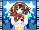  arms_behind_head artist_request brown_hair film_strip hands_on_another's_head kita_high_school_uniform kyon_no_imouto multiple_girls ponytail school_uniform serafuku short_hair side_ponytail star suzumiya_haruhi suzumiya_haruhi_no_yuuutsu tongue tongue_out yellow_eyes 