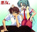  1girl anger_vein annoyed chin_rest fujitaka_(akasora) green_hair grin hand_on_another's_head hand_on_hip higurashi_no_naku_koro_ni maebara_keiichi patting school_uniform sitting smile sonozaki_mion table 