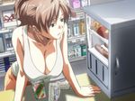  arm_support breasts brown_eyes brown_hair cleavage counter food horibe_hiderou huge_breasts interlude juice_box marufuji_izumi oven sandwich shop solo tank_top 