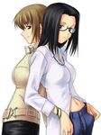  belt black_eyes black_hair bracelet brown_eyes brown_hair denim duplicate glasses jeans jewelry jpeg_artifacts katou_kei lowres maria-sama_ga_miteru multiple_girls navel necklace pants ring satou_sei short_hair simple_background smile tanaka_shoutarou 