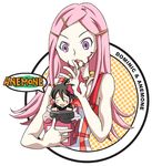  1girl anemone_(eureka_seven) artist_request blush_stickers collar dominic_sorel english eureka_seven eureka_seven_(series) finger_licking hair_ornament hairclip jam licking messy miniboy pink_hair polka_dot purple_eyes simple_background tears 