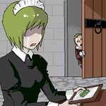  1girl artist_request batou black_dress dress dripping futaba_channel ghost_in_the_shell green_hair holding iya_maid long_sleeves lowres maid_headdress marimo oekaki opening_door parted_lips photo_(object) shaded_face short_hair stone_floor stone_wall wall wooden_door 