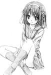  ayakaze_ryuushou blush greyscale hairband kita_high_school_uniform long_sleeves medium_hair miniskirt monochrome panties pantyshot pantyshot_(sitting) school_uniform serafuku sitting sketch skirt socks solo suzumiya_haruhi suzumiya_haruhi_no_yuuutsu underwear 