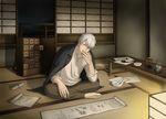  artist_request ginko hair_over_one_eye long_sleeves male_focus mushishi sitting solo table white_hair 