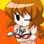  artist_request braid breast_press breasts brown_hair empty_eyes glasses ichijou lowres medium_breasts nude one_eye_closed pani_poni_dash! solo 