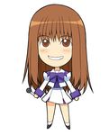  a1 bow brown_eyes brown_hair dress grin kimi_ga_nozomu_eien kuribayashi_minami long_hair long_sleeves microphone muvluv ribbon shoes smile solo 