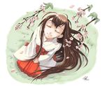  cherry_blossoms copyright_request hakama japanese_clothes long_sleeves lowres miko peaceful red_hakama solo yuu_(yuyukaikan) 