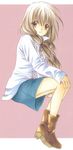  :o ankle_boots blue_skirt boots brown_footwear brown_hair buttons full_body hair_ribbon hand_on_own_knee long_hair long_sleeves looking_at_viewer low_twintails mizuno_eita parted_lips pencil_skirt pink_background ribbon shirt simple_background skirt solo spiral_(manga) tied_hair twintails white_shirt yellow_eyes yuizaki_hiyono 