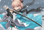  1girl black_bow black_scarf blonde_hair bow cloud cloudy_sky fate_(series) green_eyes hair_between_eyes hair_bow haori high_ponytail highres holding holding_sword holding_weapon japanese_clothes katana kimono koha-ace kou_v05first long_sleeves looking_at_viewer okita_souji_(fate) okita_souji_(fate)_(all) outdoors scarf short_hair short_ponytail sky snowing solo sword weapon white_kimono wide_sleeves 