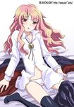  black_legwear blush bolo_tie dress_shirt long_hair long_sleeves louise_francoise_le_blanc_de_la_valliere lowres midori_(searchlight) panties pentacle pink_hair pleated_skirt shirt sitting skirt skirt_pull solo thighhighs underwear white_panties zero_no_tsukaima 