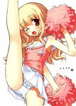  aoi_kumiko blonde_hair blouse blush cheerleader clothes_writing flat_chest flexible frilled_panties frills futaba_channel high_kick kicking lace lace-trimmed_panties leg_lift long_hair miniskirt one_eye_closed open_mouth panties pantyshot pantyshot_(standing) pleated_skirt pom_poms red_eyes skirt sleeveless solo standing underwear upskirt white_panties 