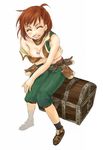  between_breasts breasts brown_hair closed_eyes earrings final_fantasy final_fantasy_xi grin hume jewelry medium_breasts nipple_slip nipples puipui smile solo thief_(final_fantasy) treasure_chest 