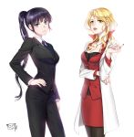  2girls black_hair black_jacket black_legwear black_pants blonde_hair blue_eyes blue_neckwear breasts briska brown_eyes cleavage collarbone eyebrows_visible_through_hair formal hair_between_eyes hand_on_hip jacket jewelry karanomori_shion kunizuka_yayoi labcoat long_hair long_sleeves looking_at_viewer medium_breasts miniskirt multiple_girls necklace necktie pant_suit pants pantyhose parted_lips pencil_skirt psycho-pass red_skirt shiny shiny_hair shirt side_ponytail simple_background skirt standing suit very_long_hair white_background white_shirt 