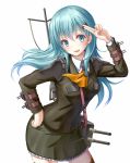  1girl :d ascot black_legwear blue_eyes blue_hair blush breasts brown_jacket contrapposto cowboy_shot floating_hair frilled_skirt frills hair_between_eyes hand_on_hip jacket kantai_collection long_hair long_sleeves looking_at_viewer medium_breasts military_jacket miniskirt open_mouth pleated_skirt simple_background skirt smile solo standing suzuya_(kantai_collection) thighhighs white_background yatsu_seisakusho yellow_neckwear zettai_ryouiki 