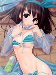  bikini black_hair blue_eyes blush bottle breasts cleavage front-tie_top hair_ribbon hairband highres long_hair long_sleeves lying open_clothes open_shirt original ribbon shirt side-tie_bikini small_breasts solo striped striped_bikini swimsuit untied urotan wet wet_clothes 