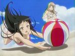  :o ball barefoot beach beachball bikini brown_eyes cloud day dive flat_chest grey_hair konohana_hikari long_hair multiple_girls nanto_yaya open_mouth outdoors screencap shadow sky soles strawberry_panic! swimsuit 