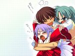  2girls arms_up brown_hair character_name closed_eyes fujitaka_(akasora) green_hair higurashi_no_naku_koro_ni hug hug_from_behind long_hair long_sleeves maebara_keiichi multiple_girls open_mouth oyashiro-sama pointy_ears polka_dot polka_dot_background ponytail purple_hair short_hair sonozaki_mion tears 