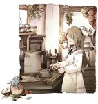  apron bird cooking frying_pan indoors jar kitchen long_sleeves lowres original pot ribbon solo stove tobe_sunaho 