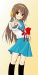  armband blue_sailor_collar brown_eyes brown_hair duplicate hazakura_mitsuki kita_high_school_uniform long_hair long_sleeves pointing sailor_collar school_uniform serafuku solo suzumiya_haruhi suzumiya_haruhi_no_yuuutsu 